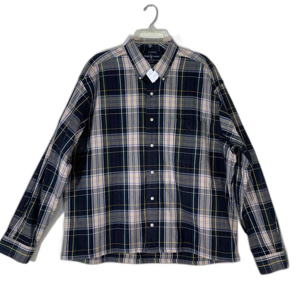 Ralph Lauren Men's Big Shirt Oxford Oversized Green Blue Plaid Button Down Large